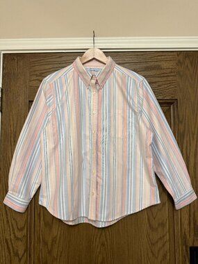 LL Bean Cotton Shirt Button Down Blue Pink White Striped